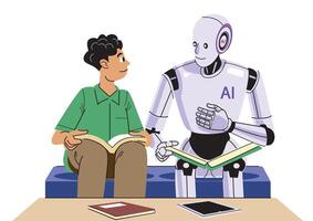An AI robot and a young man sharing a learning moment together, both engaged with books, promoting collaboration and education. vector