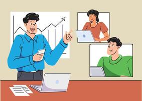 Business team engaging in a virtual meeting with a presenter highlighting growth trends using charts and technology for effective communication. vector
