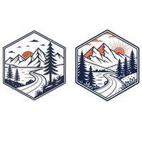 Hexagonal illustrations featuring a serene mountain landscape with winding roads, tall pine trees, and a setting sun, capturing the essence of a peaceful journey through nature illustration vector