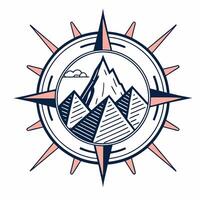 Vintage compass rose with mountain peaks and clouds, symbolizing adventure and exploration in a retro style illustration vector