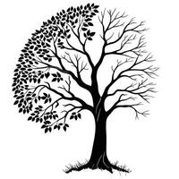 Black and white silhouette of a tree with half its branches bare and the other half lush with leaves, symbolizing the cycle of life and nature's duality illustration vector