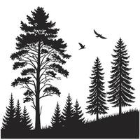 Silhouette of a serene forest scene with tall pine trees and birds in flight against a clear sky, evoking a sense of tranquility and nature's beauty illustration vector