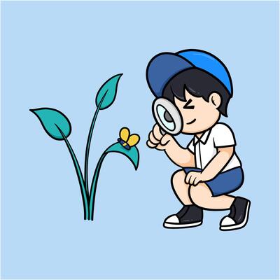 3D Illustration, character, icon Curious Boy with Magnifying Glass