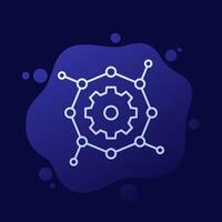 Biomaterial icon with molecule and gear, line vector