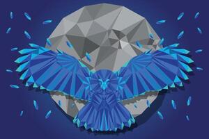 illustration of a flying owl with a moon background at night in low poly style vector