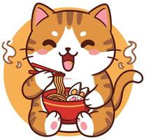 Adorable cartoon cat with stripes enjoying a steaming bowl of ramen noodles with eggs and broth vector