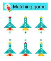 Matching game for kids. Task for the development of attention and logic. illustration of cartoon rocket. vector