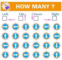 Left or Right. Up or down. Logic game for kids. Count how many arrows are turned left and how many are turned right, also up and down vector