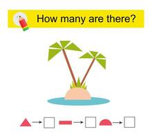 Math activity for kids. How many geometric shapes Cartoon palm tree. vector