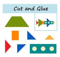 Educational paper game for kids. Cut parts of the image and glue on the paper. DIY worksheet. illustration of rocket from geometric shapes. vector