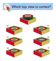 Logic puzzle for kids. Which top view is correct IQ training test. Answer is F. vector