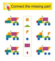 Connect the missing part. Task for the development of attention and logic. Cartoon dump truck. vector