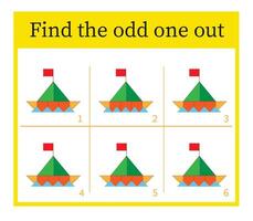 Puzzle game for kids. Task for development of attention and logic. Cartoon paper boat. vector