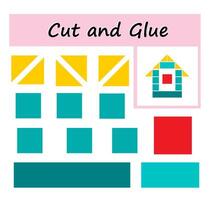 Cut parts of the image and glue on the paper. illustration of house from geometric shapes. vector