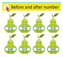 What comes Before and After. Math worksheets for kids. Number range up to 50. illustration vector