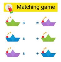 Matching game for kids. Task for the development of attention and logic. illustration of cartoon paper boat. vector