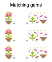 Matching game for kids. Find the correct color of cartoon flower and match vector
