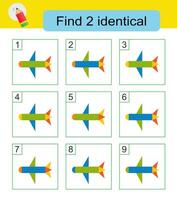 Fun puzzle game for kids. Need to find two identical airplanes. Answer is 3,4. vector