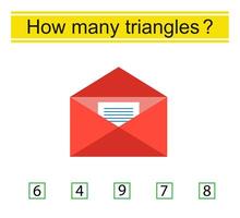 How many triangles are there logic game for kids. Letter envelope. vector
