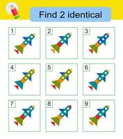 Fun puzzle game for kids. Need to find two identical rocket ships. Answer is 2,9. vector
