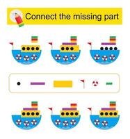 Connect the missing part. Attention task for kids. Cartoon ship. vector
