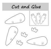 Paper game for kids. DIY worksheet. Color, cut out the parts of the image and glue on the paper. Cartoon carrot. vector