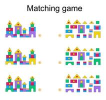 Matching game for kids. Find the correct color of cartoon castle and match. vector