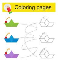 Educational game for kids. Go through the maze and color a cartoon paper boat according to the pattern. vector