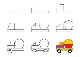 Worksheet easy guide to drawing cartoon truck. Simple step-by-step drawing tutorial for kids. vector