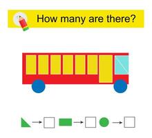 Math activity for kids. How many geometric shapes Cartoon bus. vector