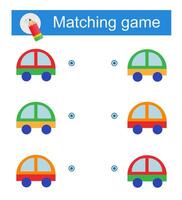 Matching game for kids. Task for the development of attention and logic. illustration of cartoon car. vector