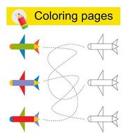 Go through the maze and color a cartoon airplane according to the pattern. vector
