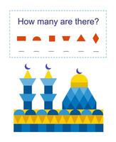 Math activity for kids. How many geometric shapes Developing numeracy skills. Cartoon mosque. vector