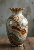 Elegant Decorative Vase with Swirling Patterns Displayed on Wooden Table, Capturing Artistic Home Decor and Interior Design Aesthetics in a Still Life Composition photo