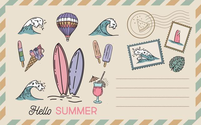 Hello summer, surf, wave, card, Postcard, hand drawn illustrations