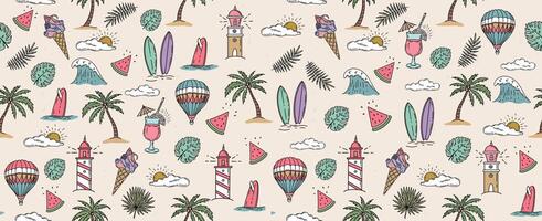 Hello Summer, pattern with surfboard, palm tree and wave, hand drawn illustration. vector