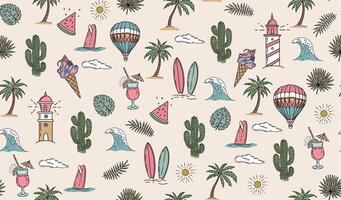 Hello Summer, set with surfboard, palm tree and wave, hand drawn illustration vector