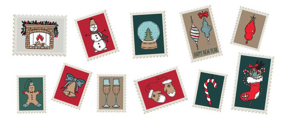 Christmas Stamps, mail, postcard hand drawn illustrations on white