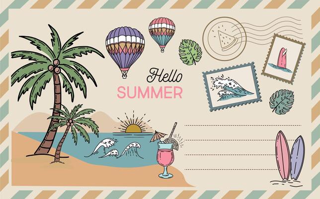 Hello summer, card, Postcard, mail hand drawn illustrations