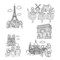 Line art of Paris sights. Eiffel Tower, Moulin Rouge, Notre Dame, tourists, artists, and views vector