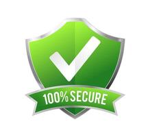 100 percent secure icon with green Shield. Protection data secure symbol design. For logo, label, seal, tag, sign, badge, stamp, sticker, emblem, banner vector