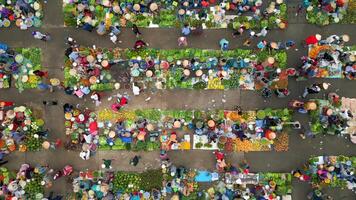 Aerial top-down view of vibrant Vietnamese market with fruits, vegetables, and people in conical hats. Colorful local culture and traditional street commerce in Southeast Asia. video