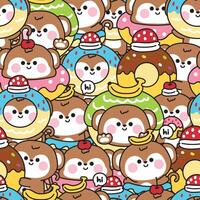 Repeat.Seamless pattern of cute monkey in various poses and feeling background.Bakery and dessert.Donut,banana,strawberry,cherry.Wild animal character cartoon design.Kawaii.Illustration vector