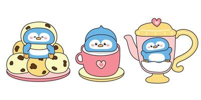 Set of cute penguin afternoon tea party.A cup of milk,pot,cookies.Bakery and beverage.Polar bird animal character cartoon.Kawaii.Illustration. vector