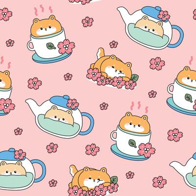 Seamless pattern of cute shiba inu dog afternoon tea party background.A cup of green tea matcha,pot,sakura flower,leaf.Bakery and beverage.Japanese pet animal character cartoon.Kawaii.