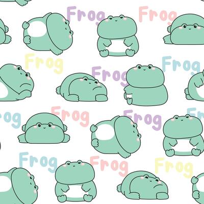 Seamless pattern of cute frog various poses with pastel text backgorund.Reptile animal character cartoon design.Kawaii.Illustration.