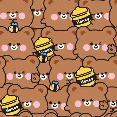 Repeat.Seamless pattern of cute round shape teddy bear have wing fly with bee and honey background.Angle.Wild animal character cartoon.Kawaii.Illustration.