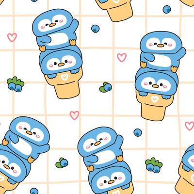 Seamless pattern of cute penguin ice cream blueberry fruit flavor with heart background.Sweet and desset.Bird animal character cartoon.Arctic,polar,north pole.Kawaii.Illustration.