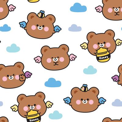 Seamless pattern of cute round shape teddy bear have wing fly with bee and honey sky and cloud background.Angle.Wild animal character cartoon.Kawaii.Illustration.