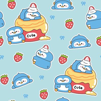 Seamless pattern of cute penguin stay on cupcake with strawberry and bow pastel background.Bakery.Sweet and dessert.Polar bird animal character cartoon design.Kawaii.Illustration.